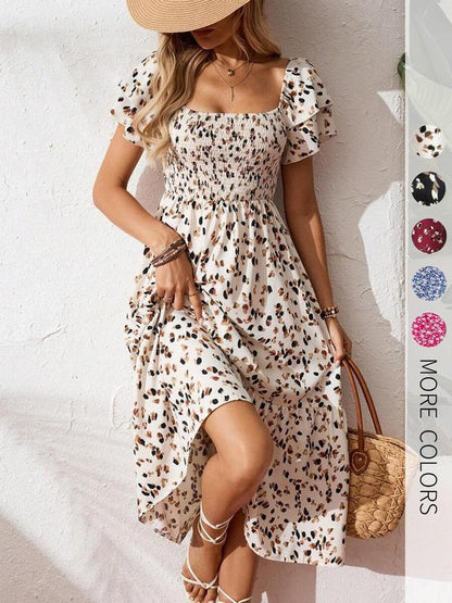 🔥2026 Summer Hot Sale 50% OFF!✨Square Neck Floral Midi Dress – Smocked Bodice, Flowy Tiered Skirt, Romantic🌸