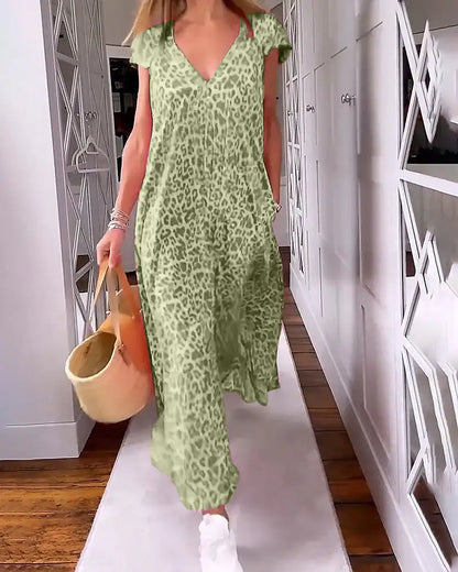 🌸Spring Sale 50% OFF🍒V-neck Printed Short-sleeved Long Dress