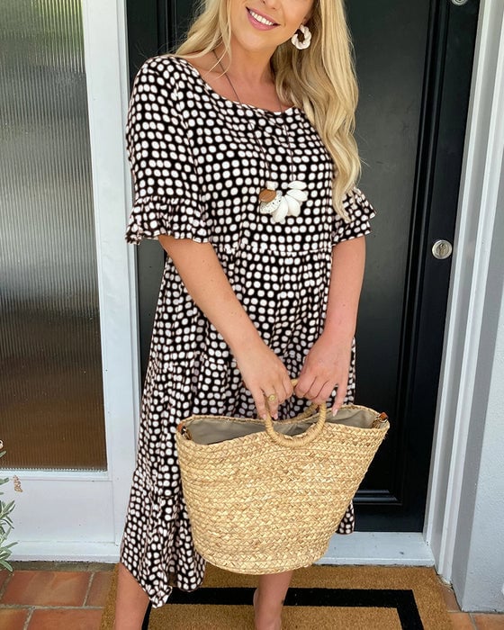 ☄️Summer Sale 50% OFF🎉Round Neck Polka Dot Print Midi Dress