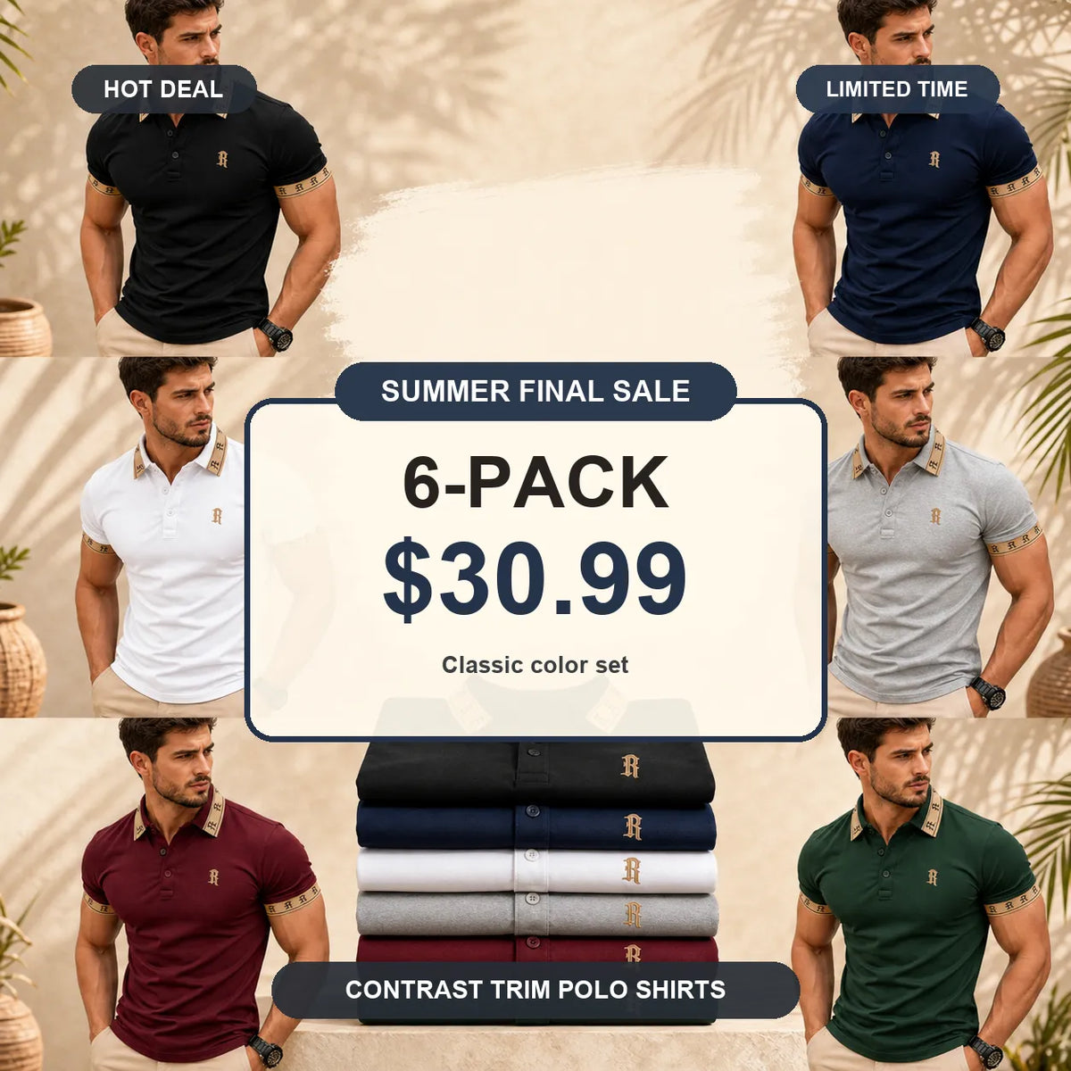 ⚡12 Pack for $38⚡- Men's Contrast Trim Monogram Short Sleeve Polo Shirt