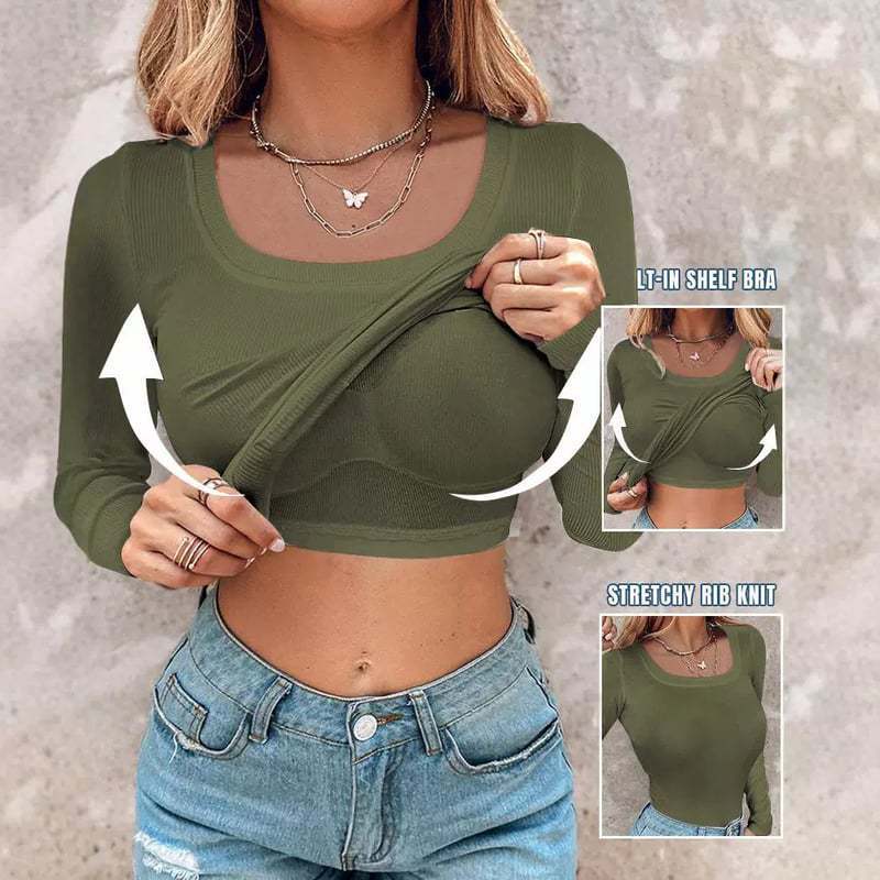 💥LAST DAY SPECIAL PRICE: ￡14.99!!🎁🔥Neck Built-in Bra Long Sleeve Ribbed Top Shirts Elegant Skinny Fit Fabric