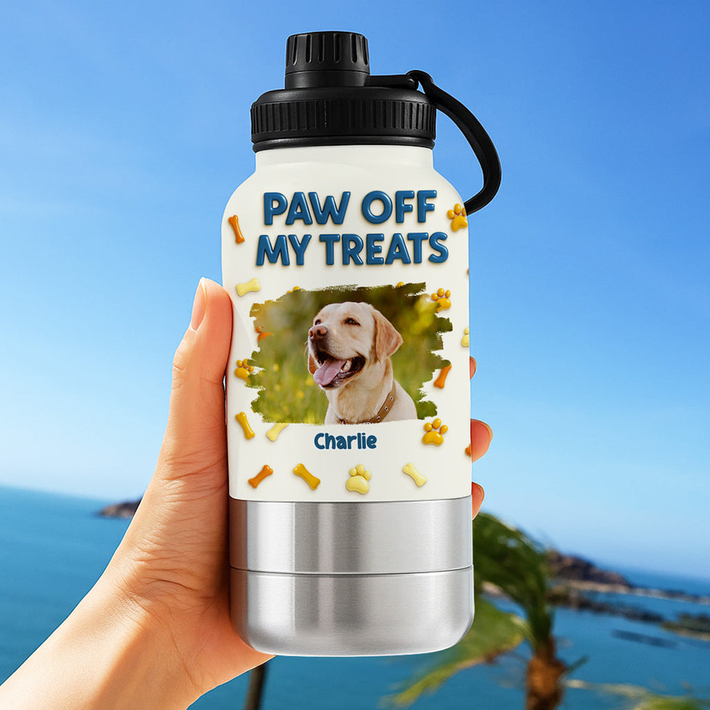 Paw Off My Treats Photo - Personalized 30oz Water Bottle With Pet Bowl