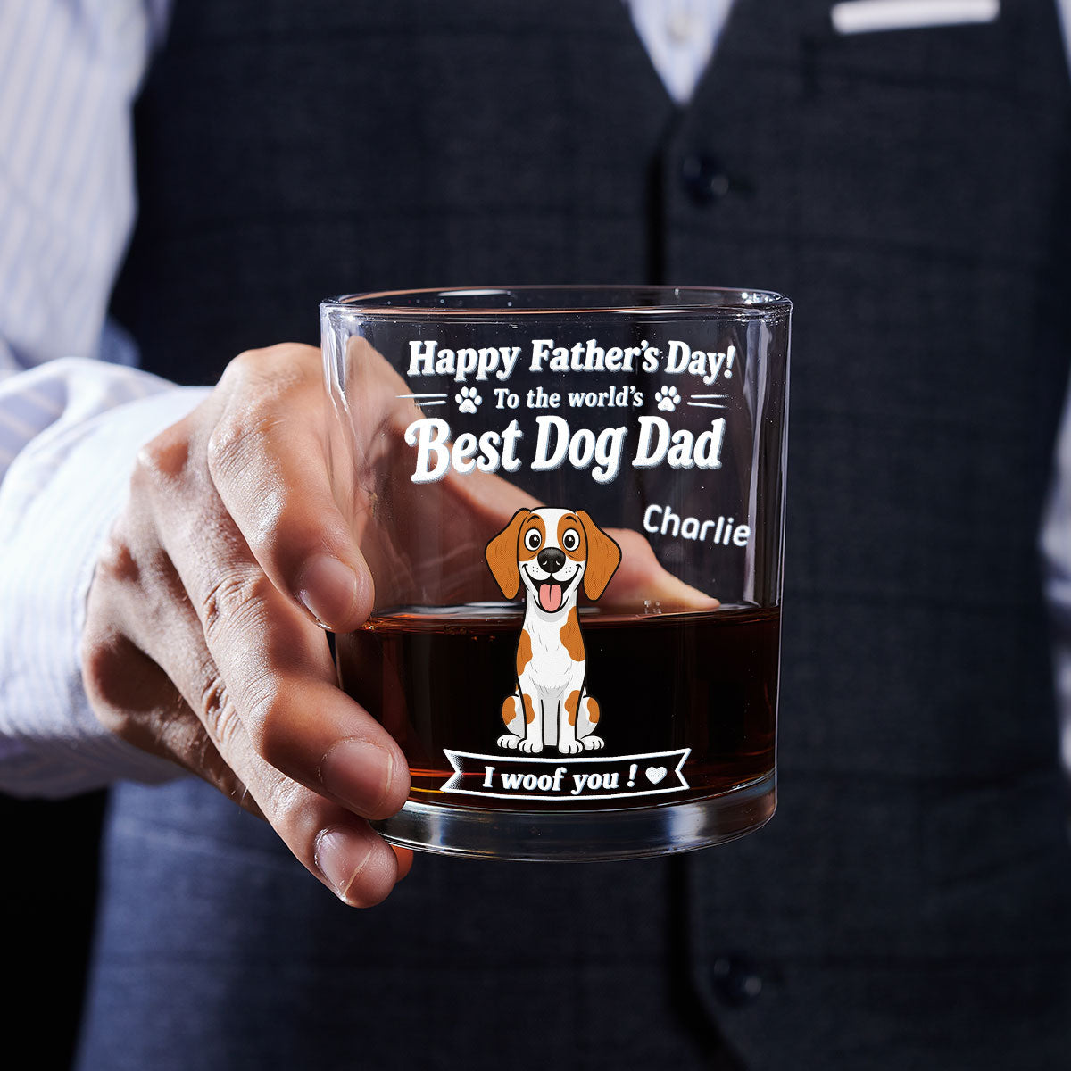 Stylized Cartoon Dog Woof Dad - Personalized Whiskey Glass