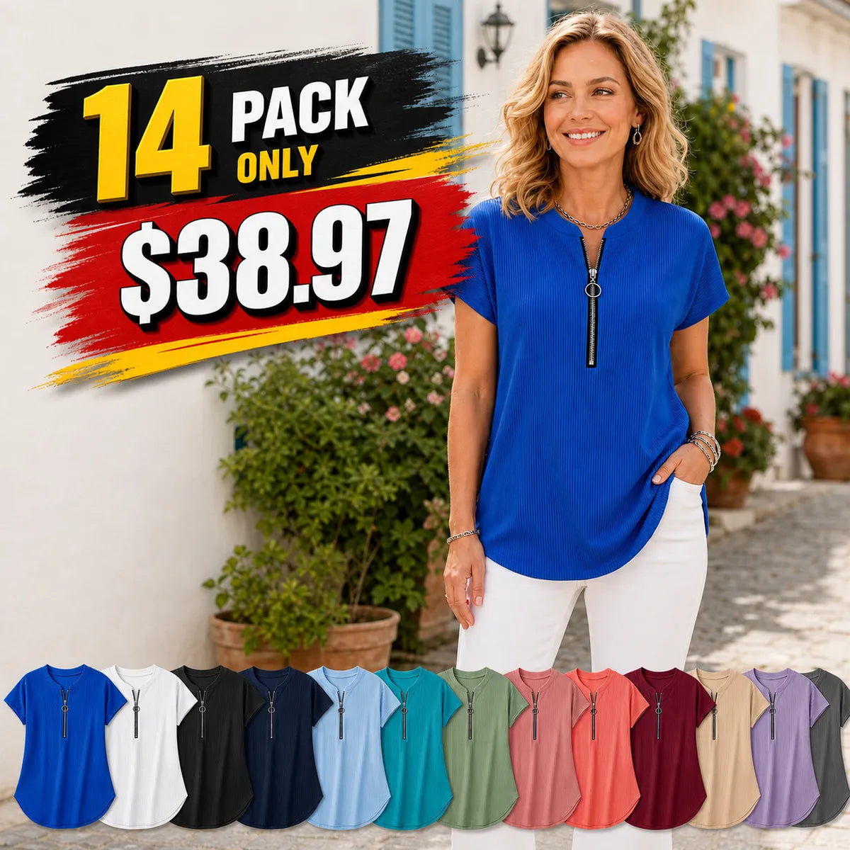 Women's Pleated Zip-Neck Short Sleeve Top