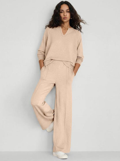 🌹LIMITED-TIME 70% OFF! 🌹Women's 2 Piece Outfits V Neck Lounge Set | Raglan Long Sleeve Top & Wide Leg Pants