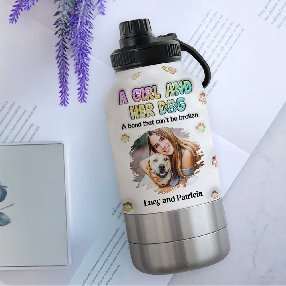 A Girl And Her Dog Photo - Personalized 3D Inflated Effect 30oz Water Bottle With Pet Bowl