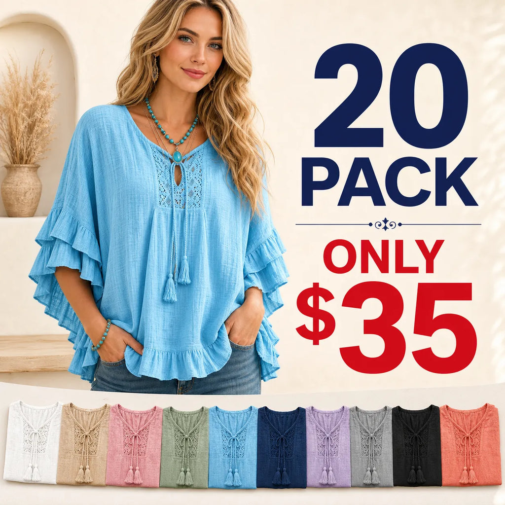 ⏰ ⚡10 Pack for $28⚡Women's Boho Ruffle Lace Tie-Neck Blouse