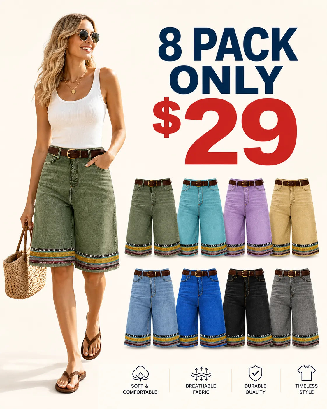 ⏰ ⚡8 Pack for $29⚡Women’s Printed Hem Denim Bermuda Shorts