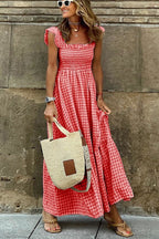 💖Singing Solo Multi Plaid Smocked Bust Maxi Dress