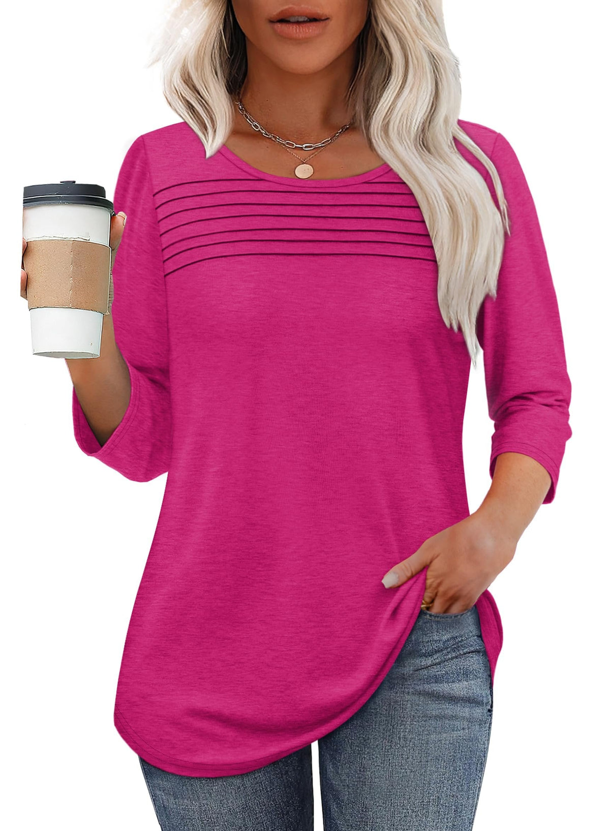 🔥Last Day 60% OFF🔥 2025 Women's 3/4 Length Sleeve Top Pleated Front T-Shirt