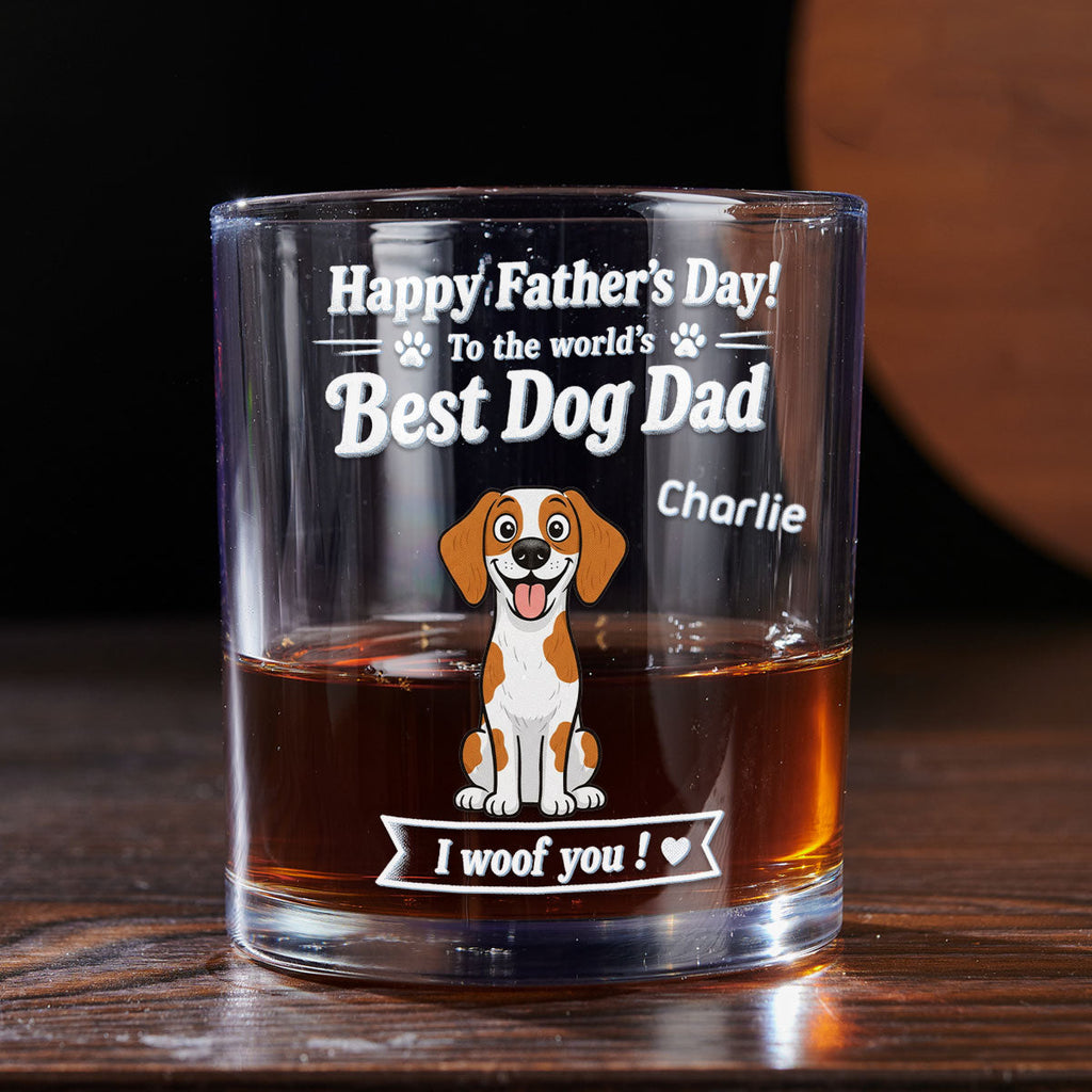 Stylized Cartoon Dog Woof Dad - Personalized Whiskey Glass
