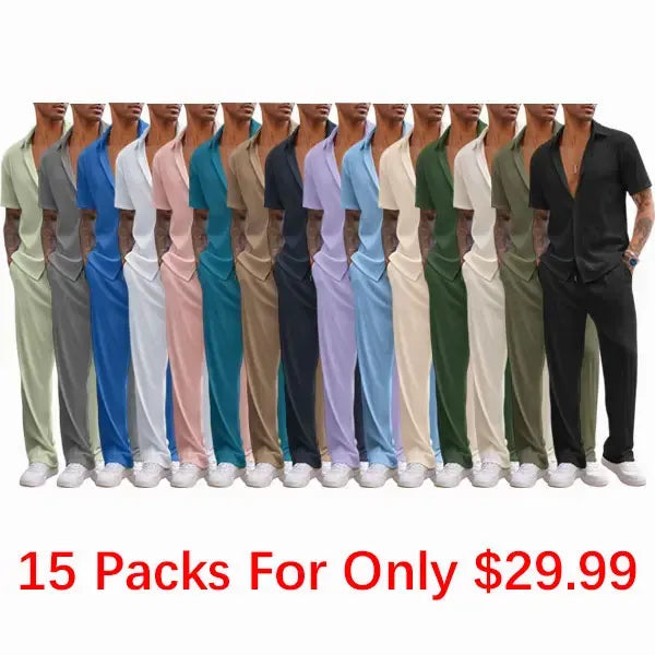Men's 2 Piece Outfit Casual Short Sleeve Button Down Shirt Beach Summer Loose Pant Sets