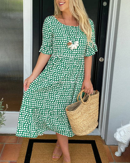 ☄️Summer Sale 50% OFF🎉Round Neck Polka Dot Print Midi Dress