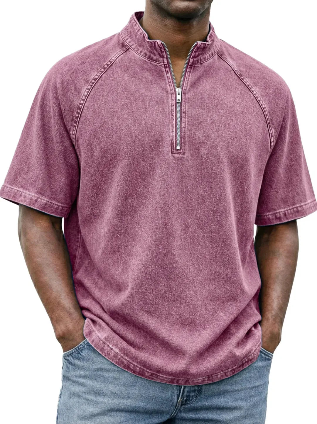 Men's Casual Quarter-Zip Stand Collar Short Sleeve Tee