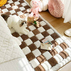 Cream-colored Large Plaid Square Fuzzy Pet Dog Mat Bed Sectional Couch Cover