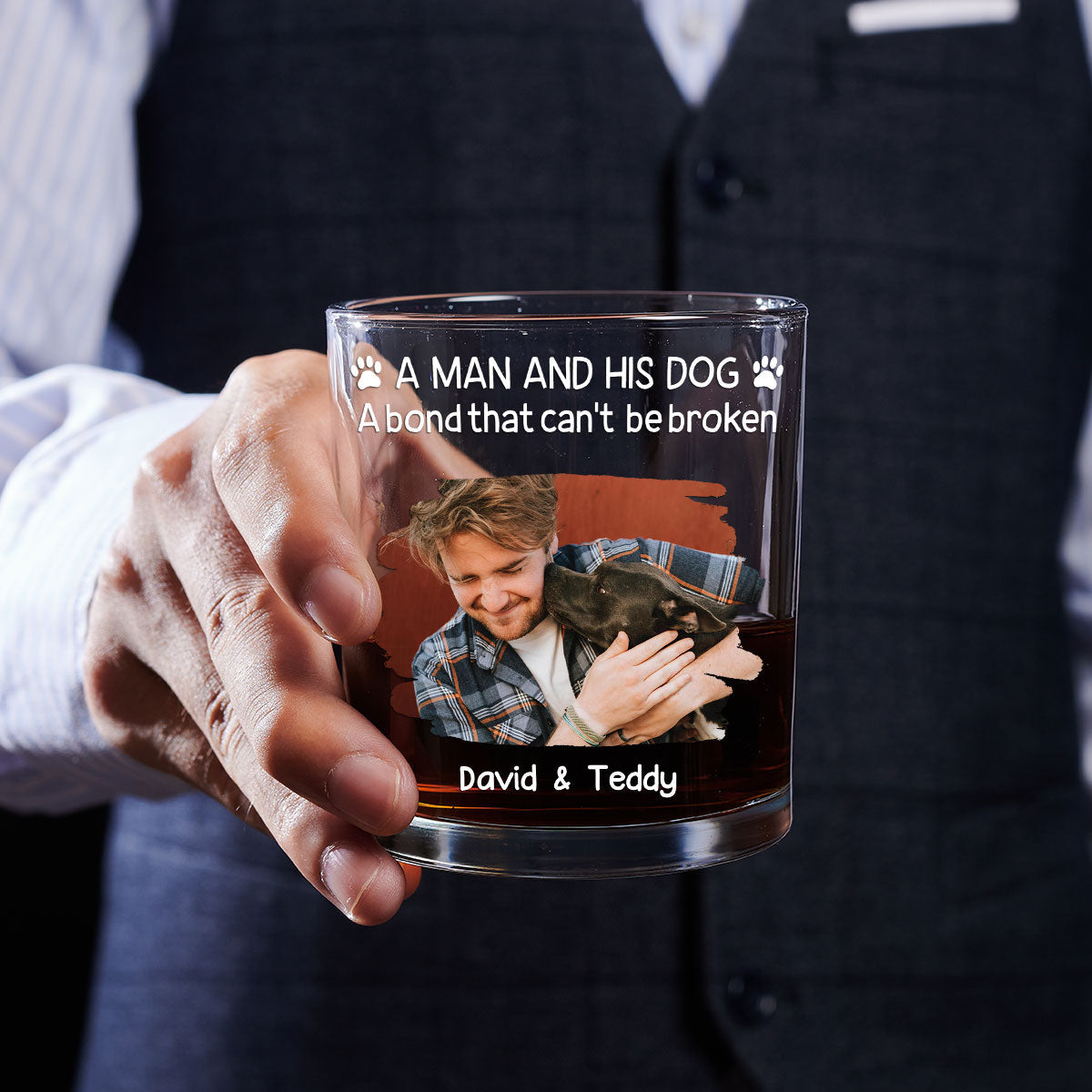 A Man And His Dog Christmas Photo - Personalized Whiskey Glass