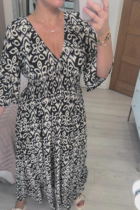 🔥Limited Time 50% Off  Bohemian Casual Print V-Neck Long Dress