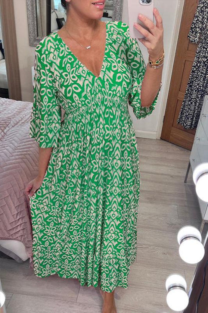 🔥Limited Time 50% Off  Bohemian Casual Print V-Neck Long Dress