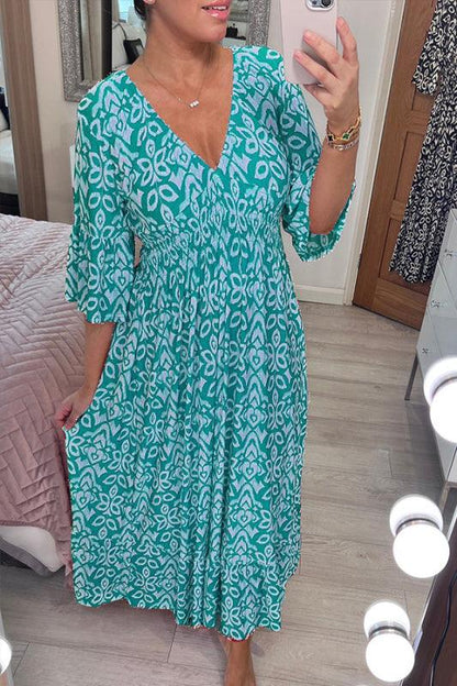 🔥Limited Time 50% Off  Bohemian Casual Print V-Neck Long Dress