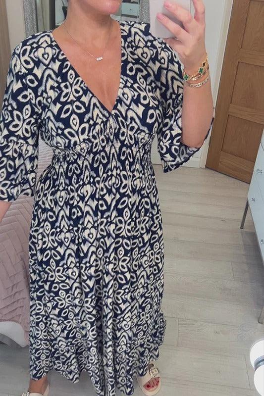 🔥Limited Time 50% Off  Bohemian Casual Print V-Neck Long Dress