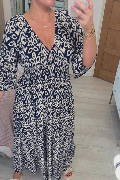 🔥Limited Time 50% Off  Bohemian Casual Print V-Neck Long Dress