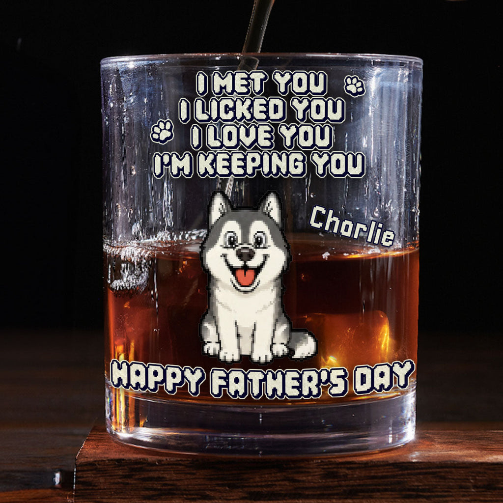 Pixel Dog Sitting Woof Dad - Personalized Whiskey Glass