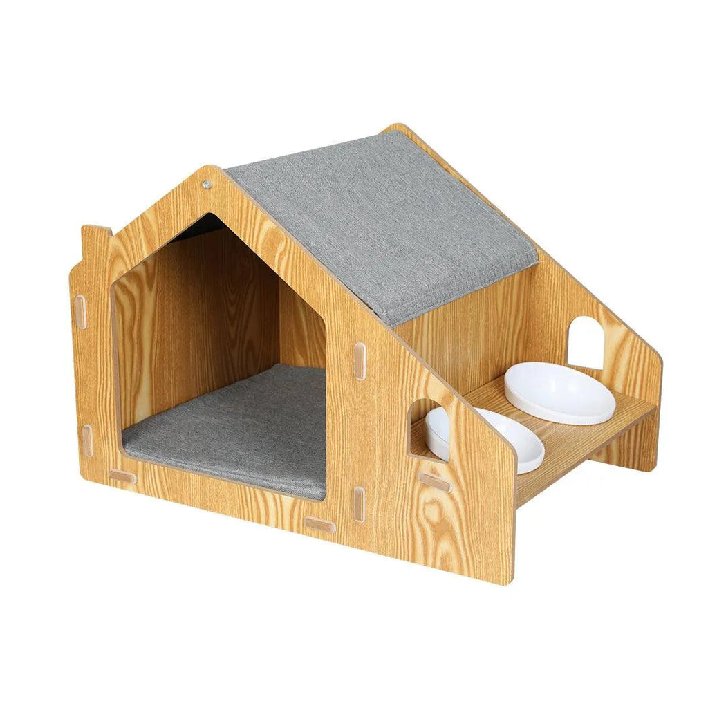 Wooden House Cat Elevated Double Feeder