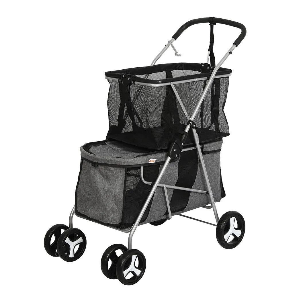 Pet Stroller 2-Tier Pram Dog Cat Carrier Foldable Large 4 Wheels Shopping
