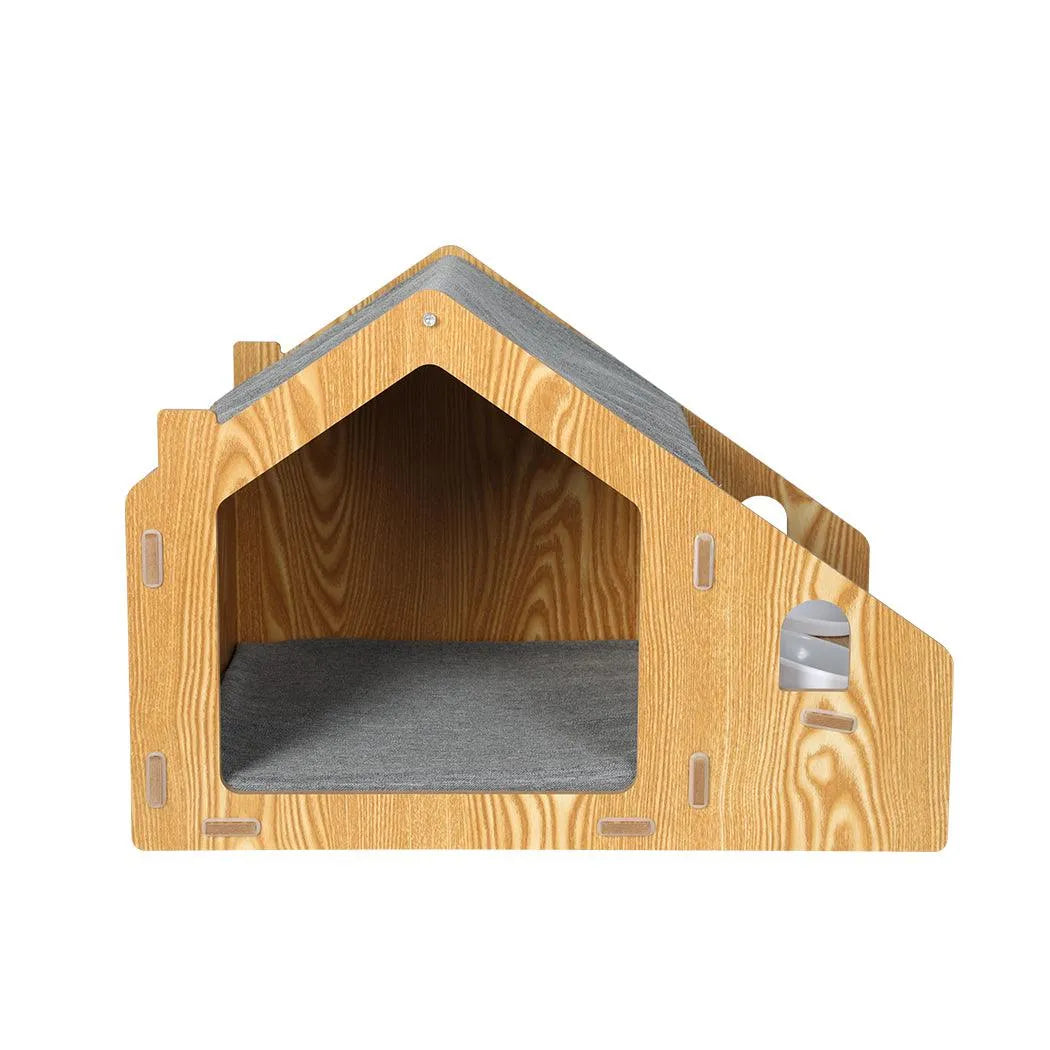 Wooden House Cat Elevated Double Feeder