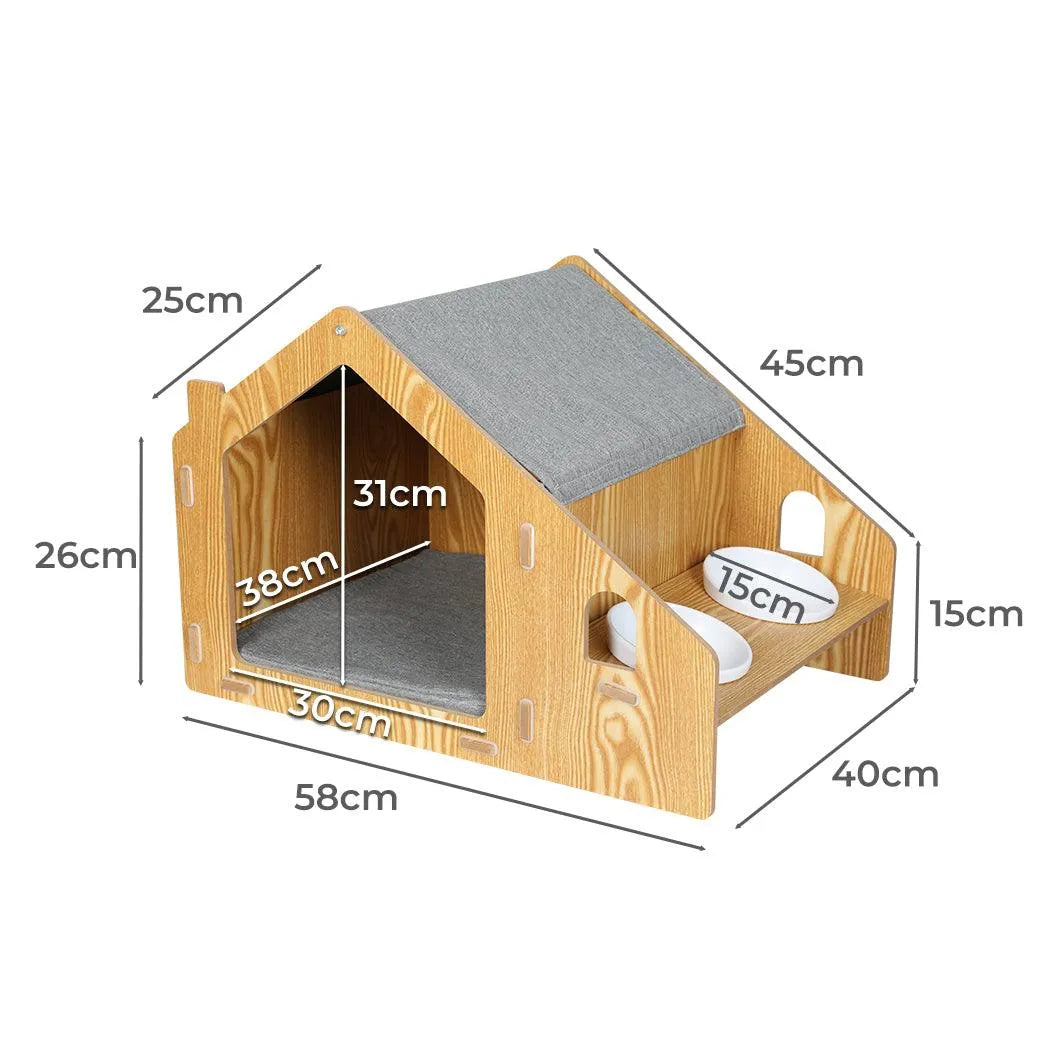 Wooden House Cat Elevated Double Feeder