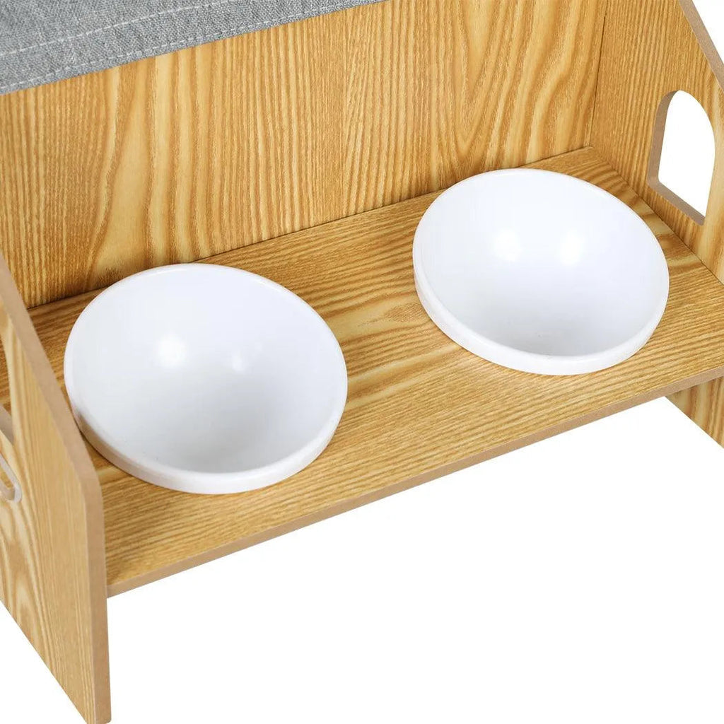Wooden House Cat Elevated Double Feeder