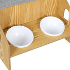 Wooden House Cat Elevated Double Feeder