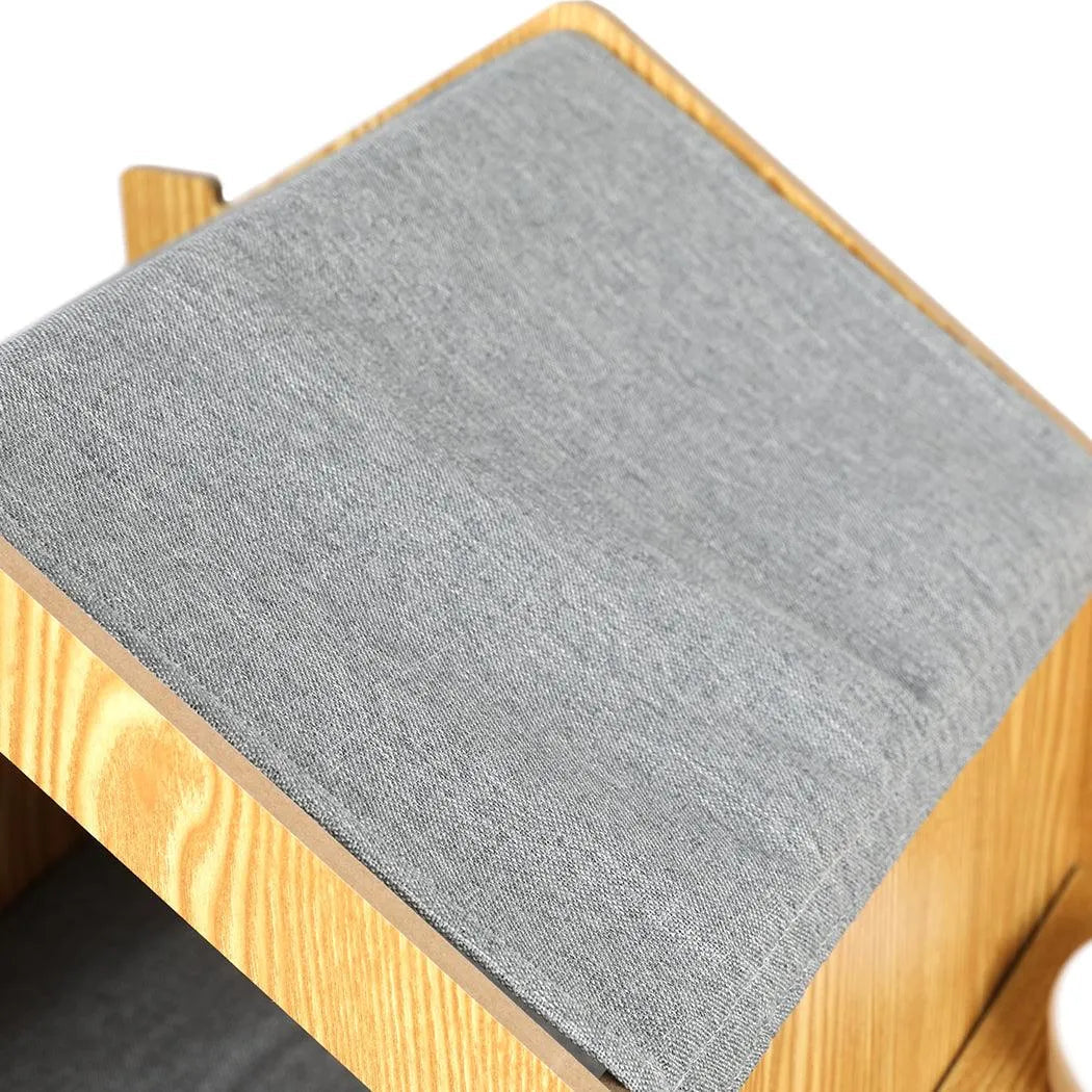 Wooden House Cat Elevated Double Feeder