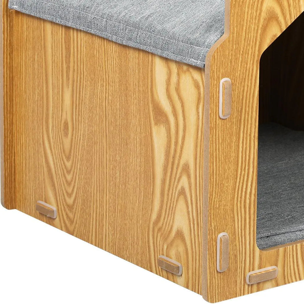Wooden House Cat Elevated Double Feeder