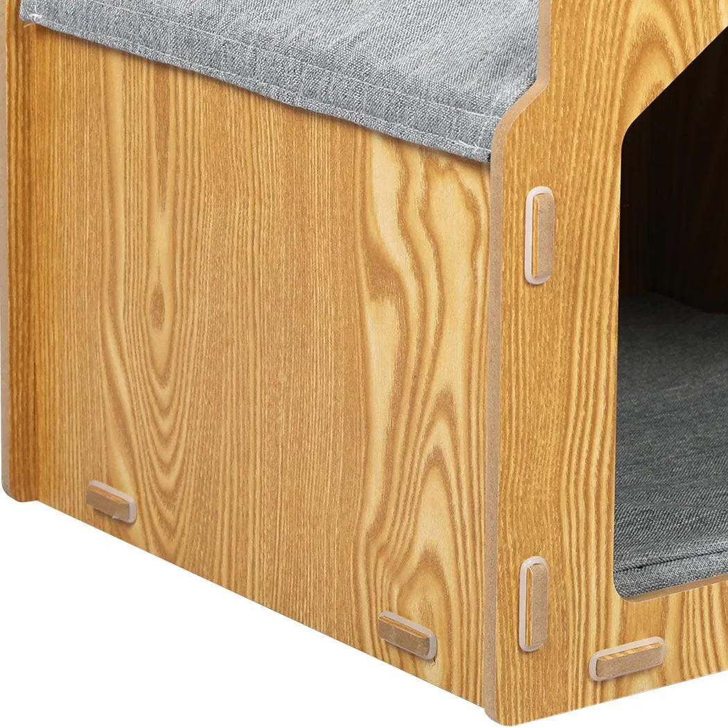 Wooden House Cat Elevated Double Feeder