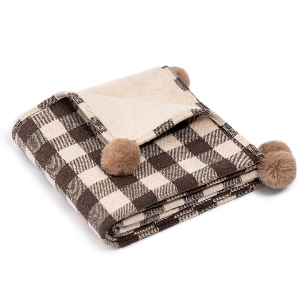 Cozy Reversible Plaid Plush Pet Throw Blanket with Pom-Poms