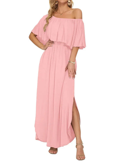 ⏰Last Day Sale 50% OFF💃Women's Off-Shoulder Ruffled Side-Slit Maxi Dress with Pockets ✨