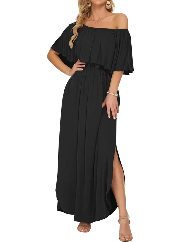 ⏰Last Day Sale 50% OFF💃Women's Off-Shoulder Ruffled Side-Slit Maxi Dress with Pockets ✨