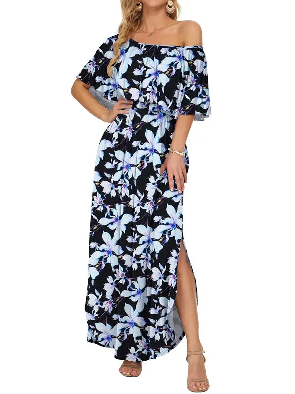 ⏰Last Day Sale 50% OFF💃Women's Off-Shoulder Ruffled Side-Slit Maxi Dress with Pockets ✨