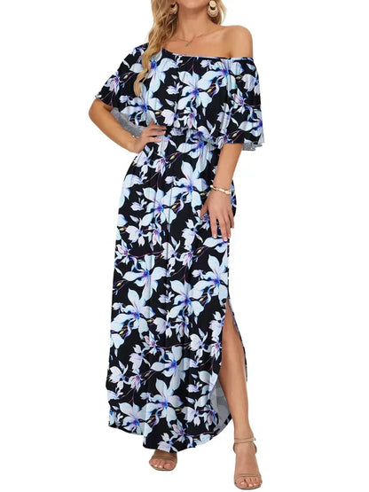 ⏰Last Day Sale 50% OFF💃Women's Off-Shoulder Ruffled Side-Slit Maxi Dress with Pockets ✨