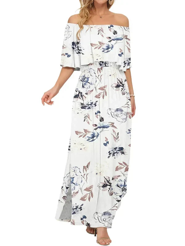 ⏰Last Day Sale 50% OFF💃Women's Off-Shoulder Ruffled Side-Slit Maxi Dress with Pockets ✨