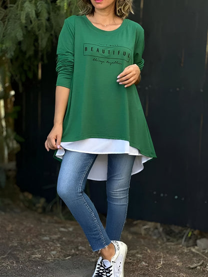 💙Buy 2 Free shipping💙Letter Print Fake Two Piece Long Sleeve T-shirt