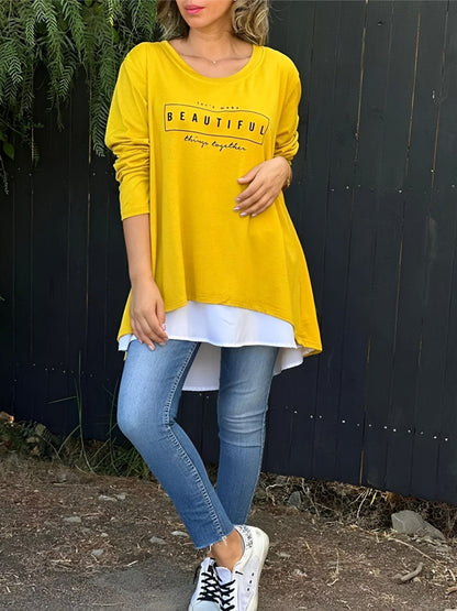💙Buy 2 Free shipping💙Letter Print Fake Two Piece Long Sleeve T-shirt