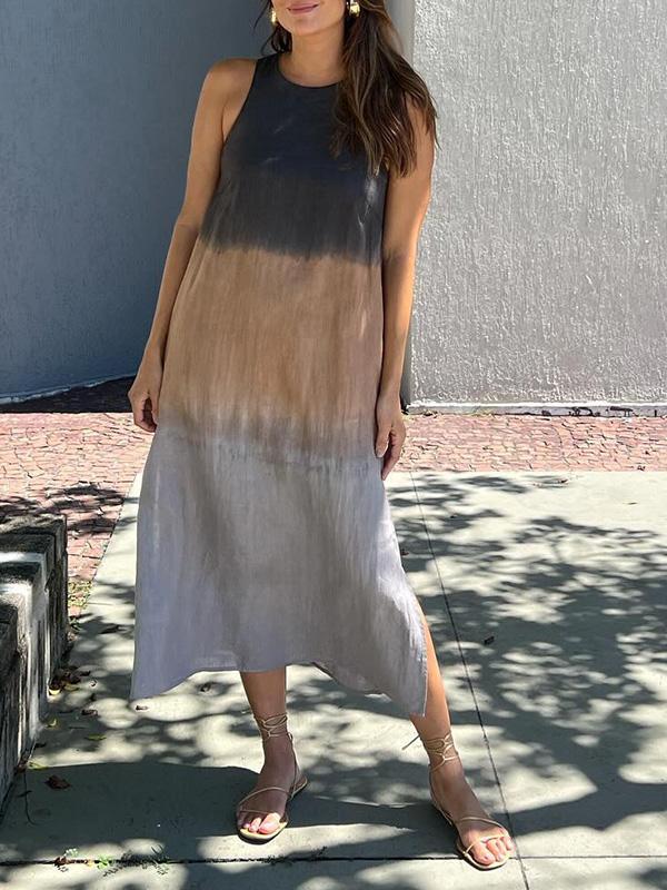 🌷Free Shipping⏳Women's Casual Cotton Linen Slit Gradient Tie-dye Dress