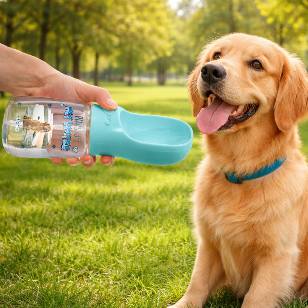 Paws Off My Water Photo - Personalized Pet Water Bottle With Drinking Feeder