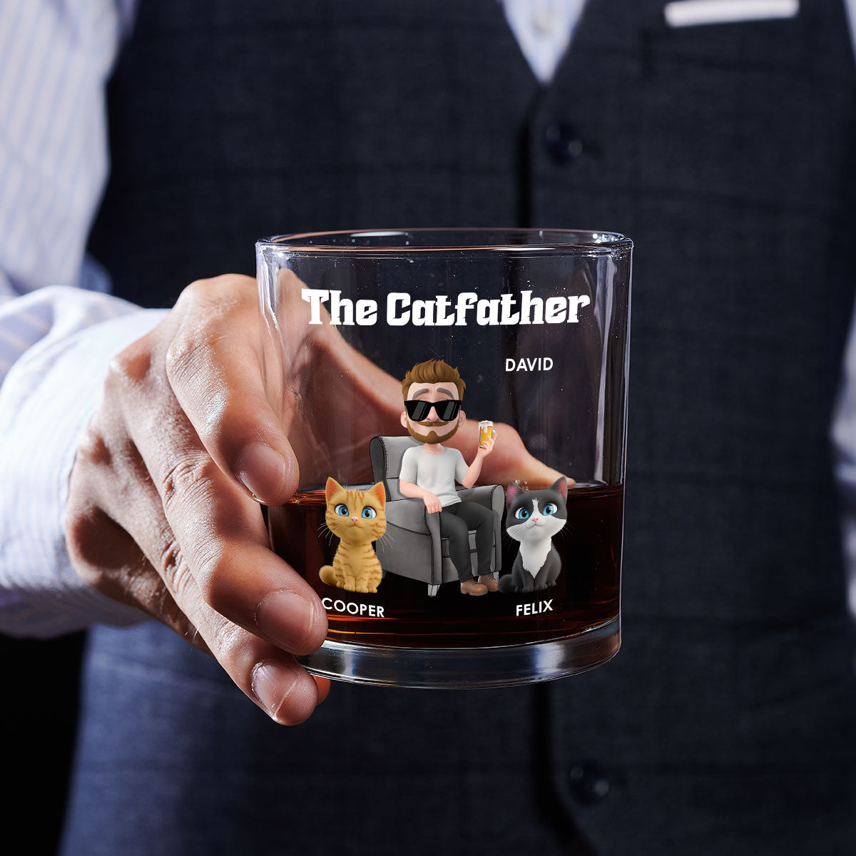 The Catfather Cartoon Version 2 - Personalized Whiskey Glass