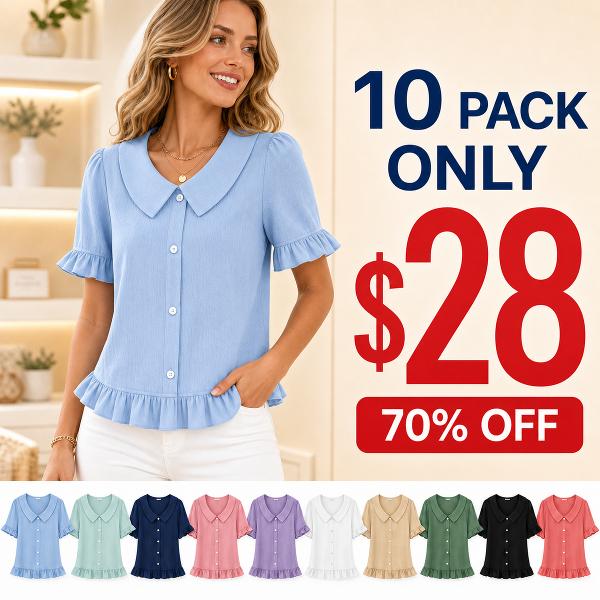 ⏰ ⚡10 Pack for $28⚡Women's Ruffle Collar Button Blouse