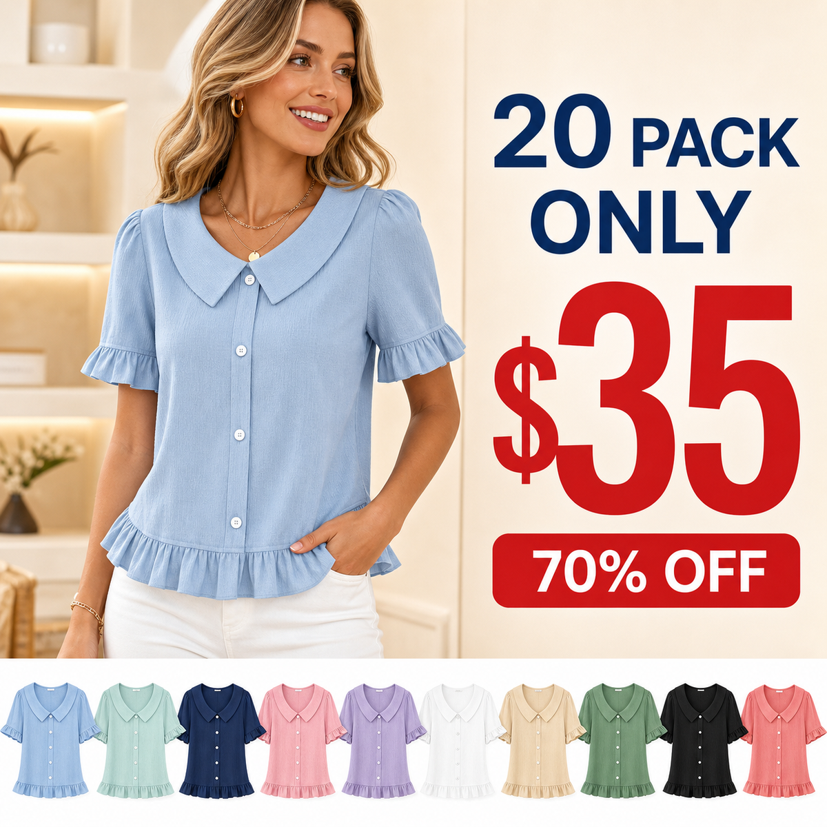 ⏰ ⚡10 Pack for $28⚡Women's Ruffle Collar Button Blouse
