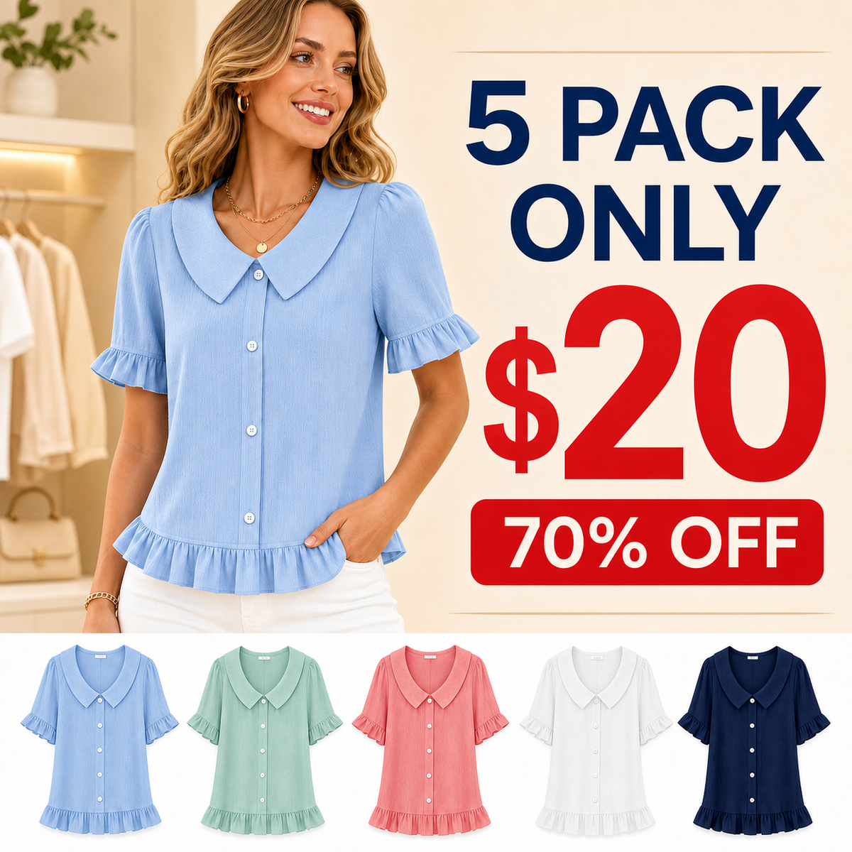 ⏰ ⚡10 Pack for $28⚡Women's Ruffle Collar Button Blouse