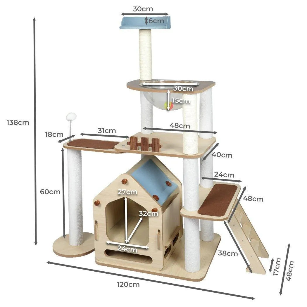 Cat Tree Scratching Post with Wood Condo 138cm